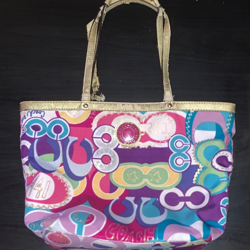 Coach Multicolor Patterned Tote with Gold Trim